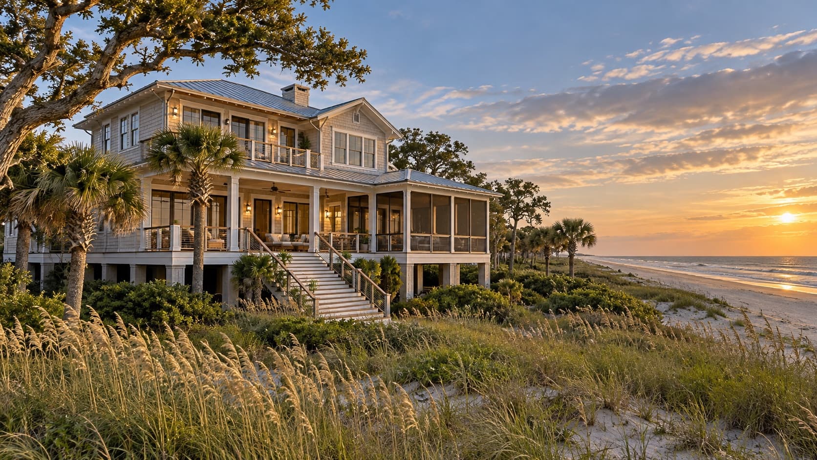 A raised beach house above the dunes at sunset