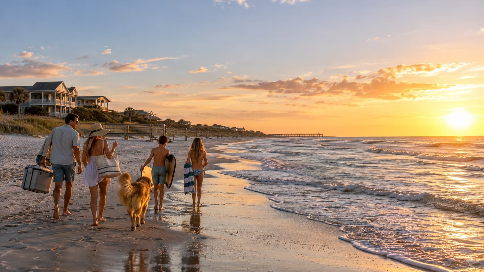 A family and their dog walking down to the water at sunset