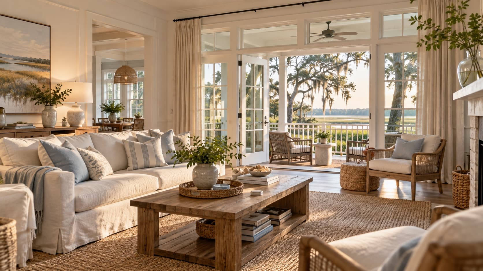 A bright living room opening onto a porch over the marsh