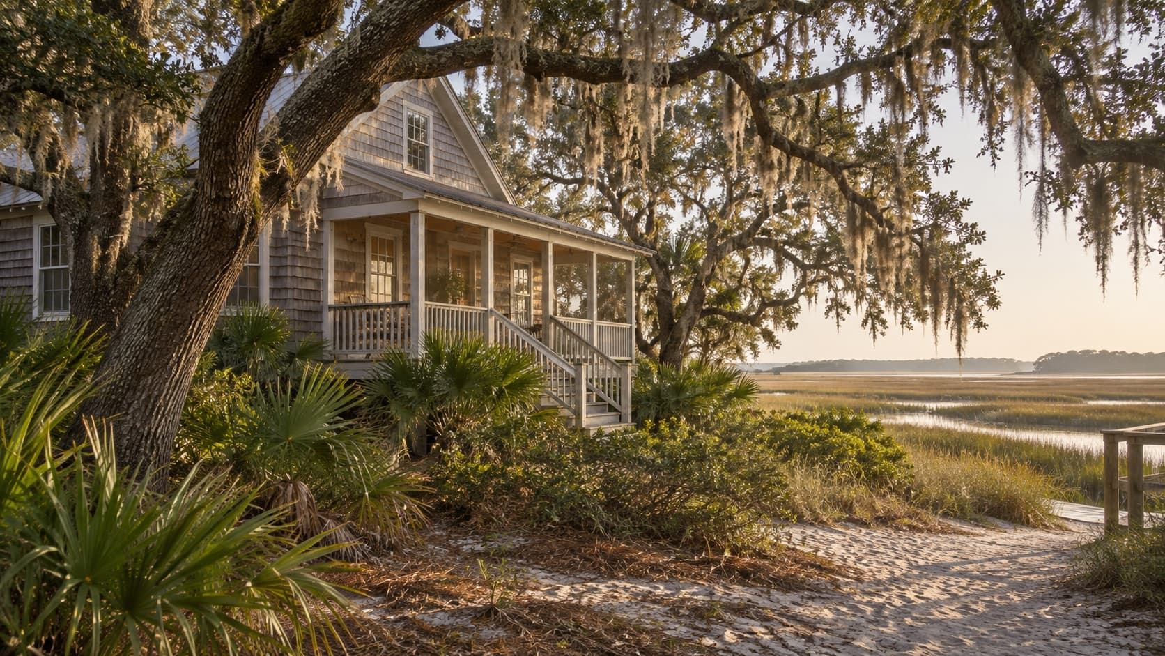 A shingled cottage under live oaks by the marsh