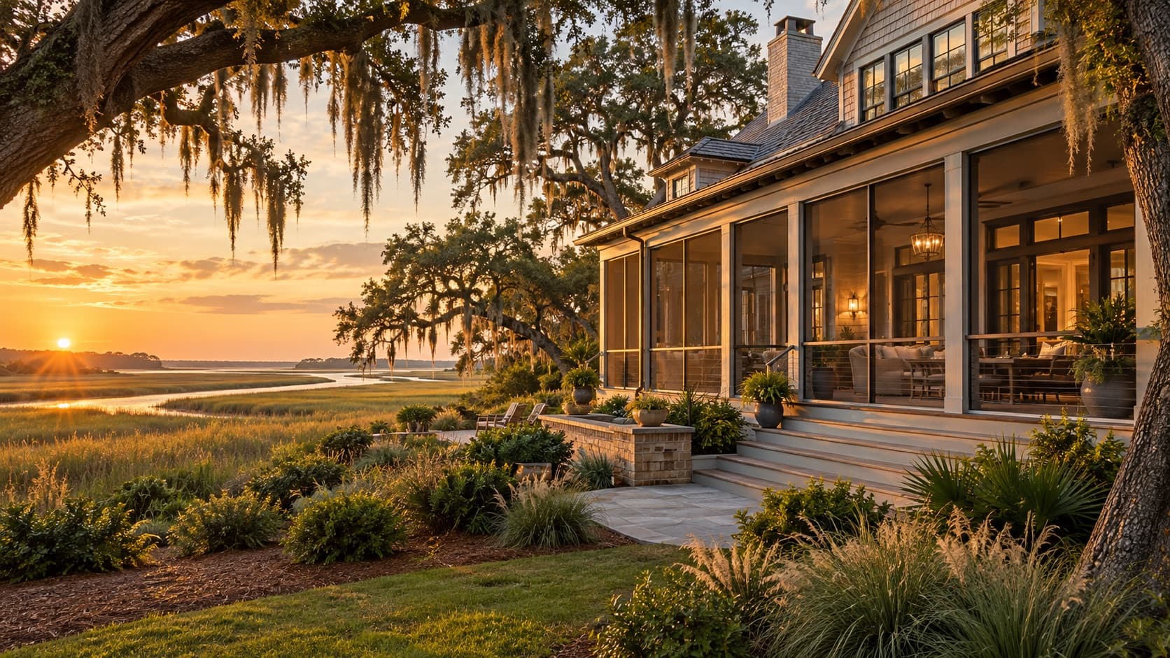 A screened porch looking out over the marsh at sunset