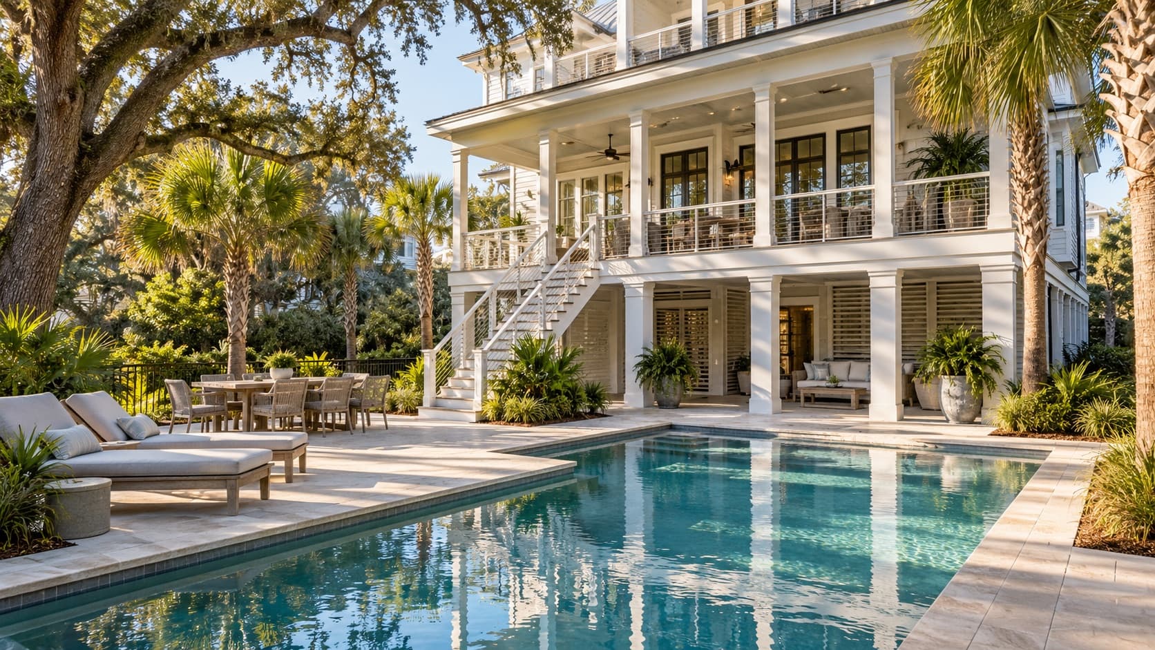 A white coastal home with porches above a pool