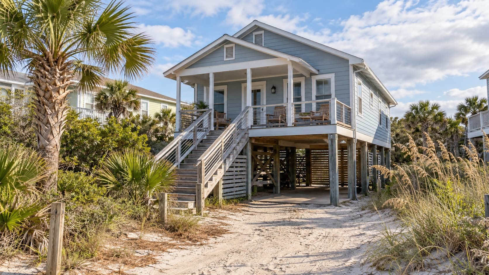 A raised beach cottage at the end of a sandy path